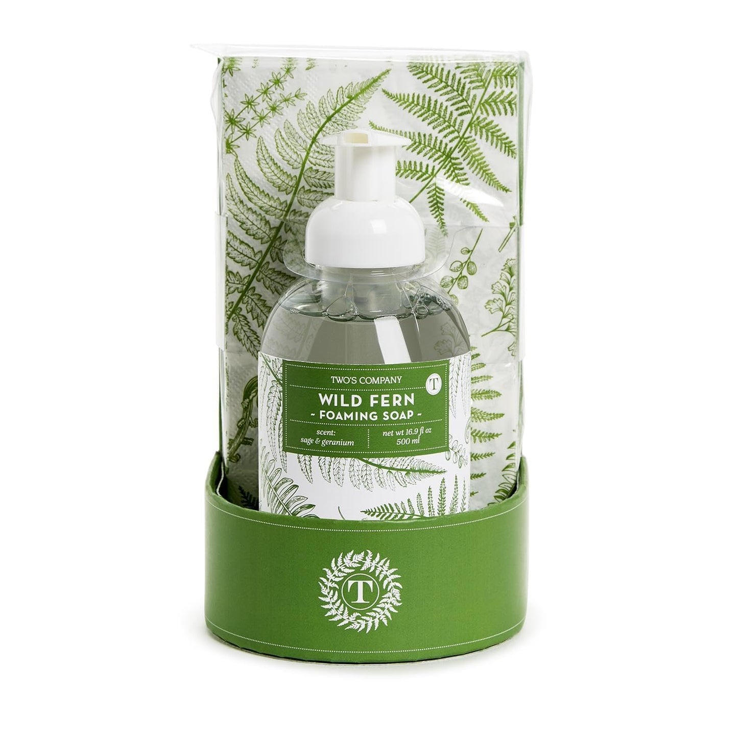 Two's Company Wild Fern Foaming Hand Soap 16.9 oz with 20 Disposable Guest Towels - Sage Geranium Scent Bathroom Set