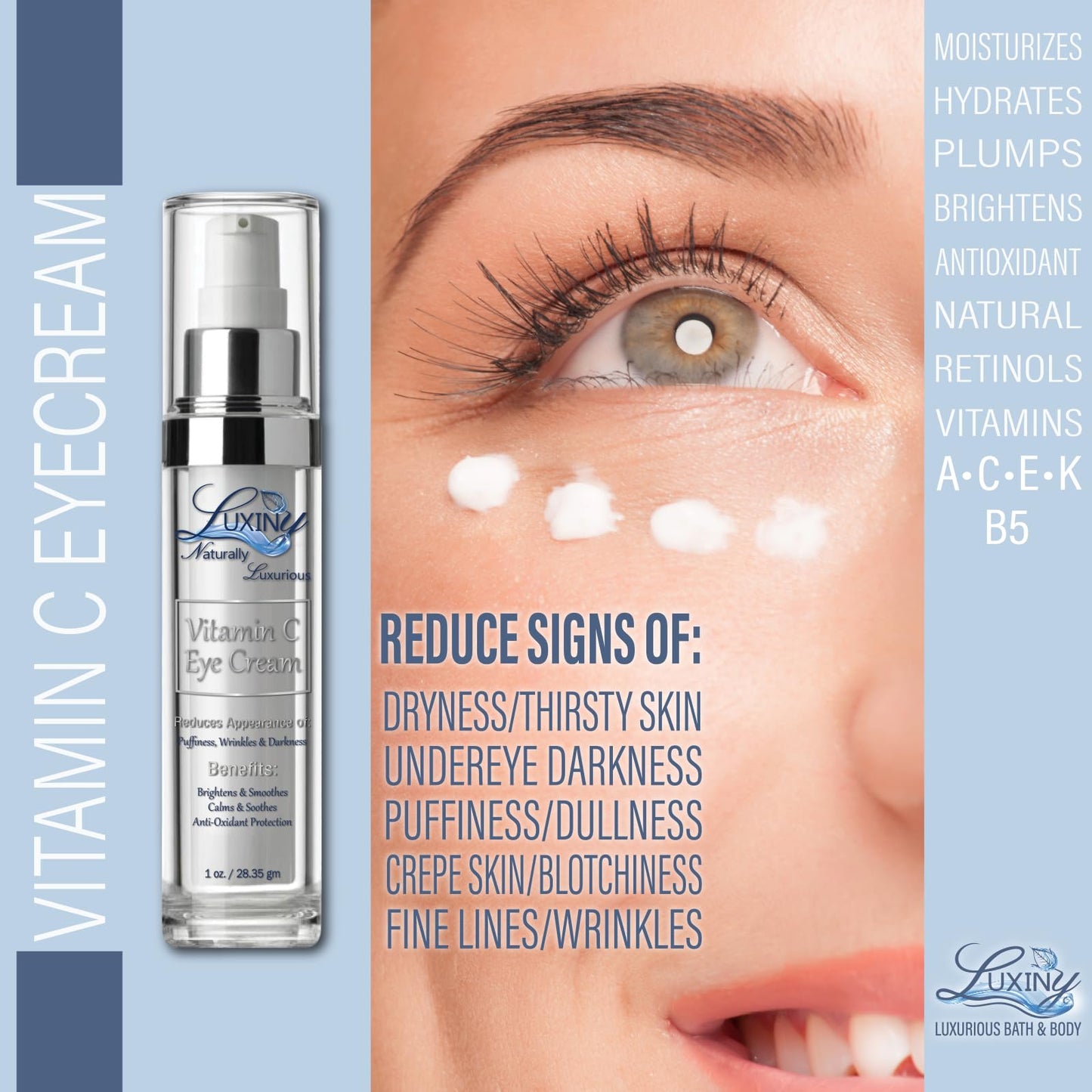 Luxiny Vitamin C Under Eye Cream for Dark Circles and Puffiness, Anti Aging, Enriched Retinol Eye Cream to Reduce Eye Bags, Fine Line and Wrinkles