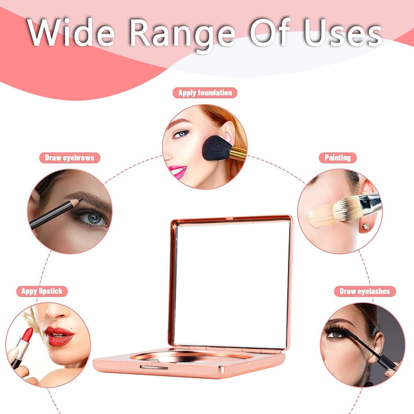 HAPUTDY Mini Elegant Makeup Mirror, Portable 1X/2X Magnifying (Pink)