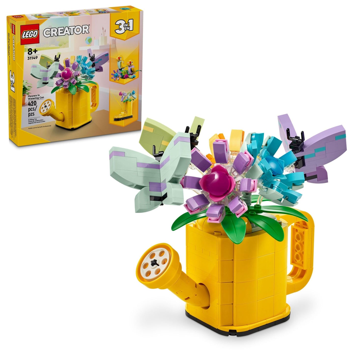 LEGO Creator 3 in 1 Flowers in Watering Can 31149, Buildable Toy Set for Kids Ages 8+, Rebuild into Rain Boots or Birds, Fun Creative Gift