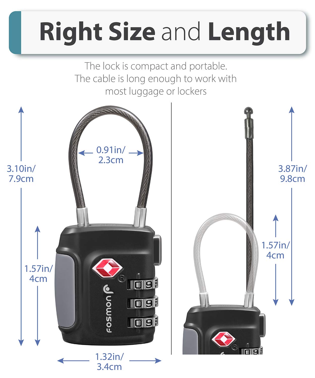 Fosmon TSA Approved Luggage Locks – 3 Digit Combination Cable Padlock with Long Shackle for Suitcases, Backpacks, Gym Lockers & Travel