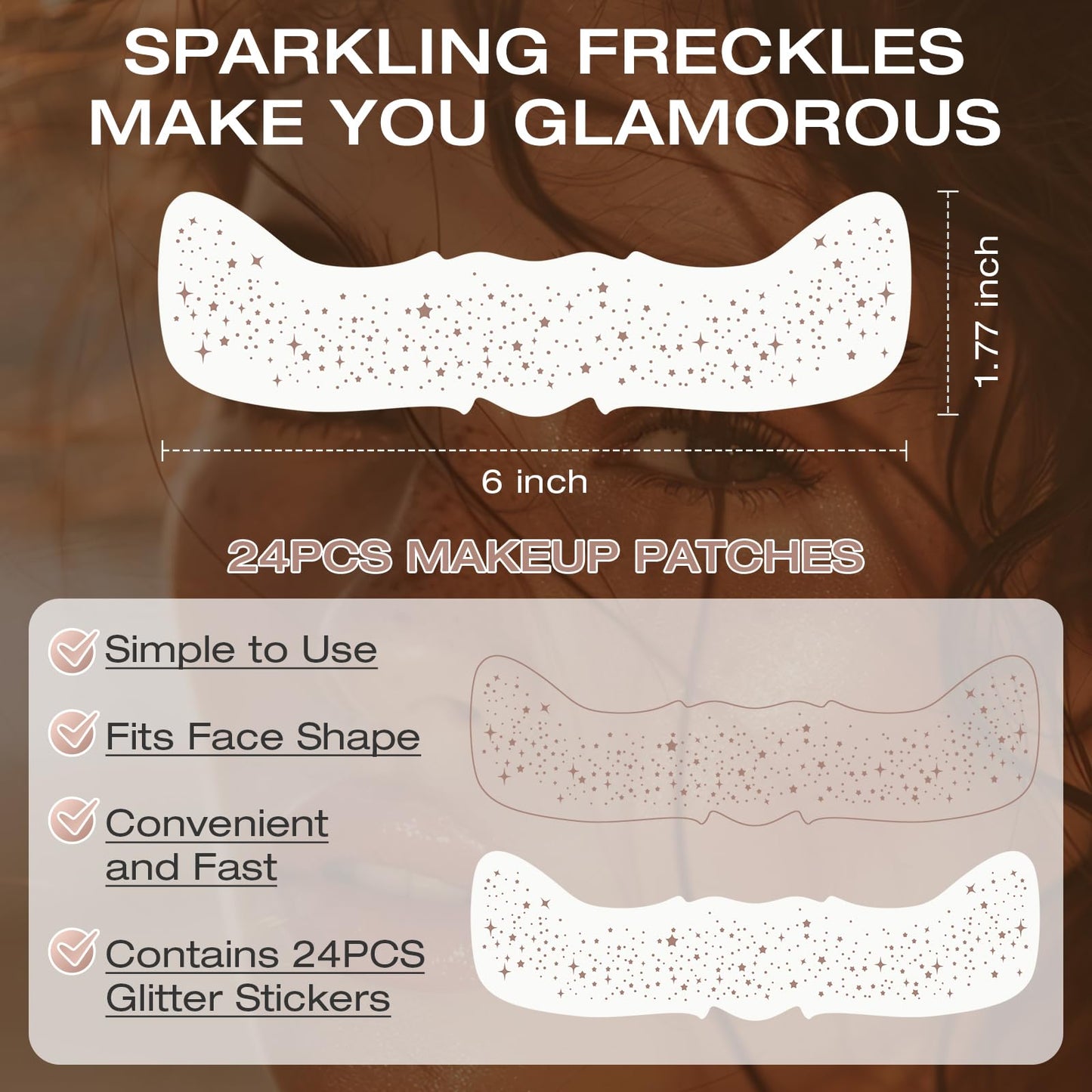 Leterly 24 Pcs Glitter Freckles Face Tattoo,Brown Face Glitter Makeup Patches Cute Sparkle Freckles Patches Waterproof Makeup Speckles for Face