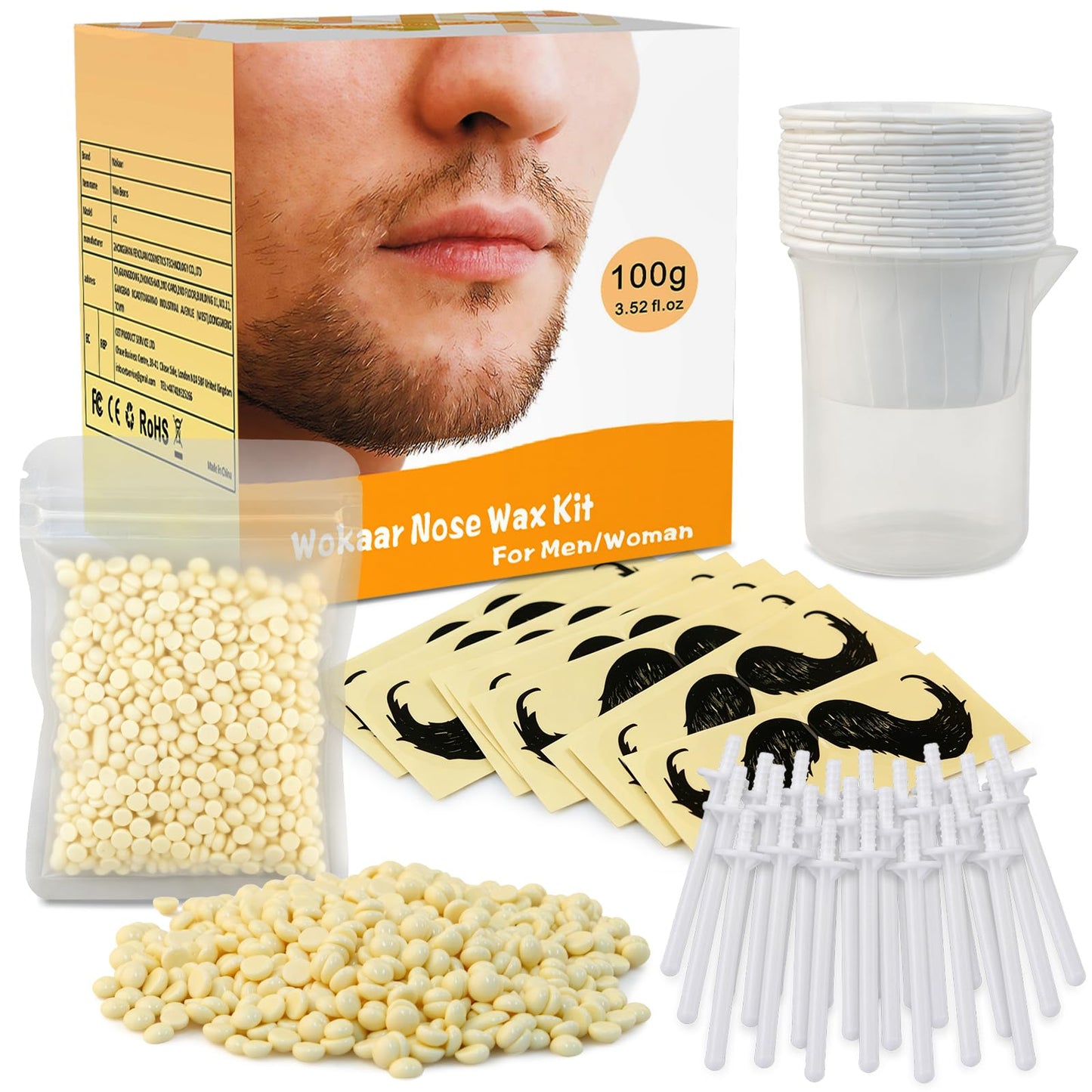 Wokaar Nose Wax Kit for Men & Women | 100g Wax, 30 Applicators (15-20 Uses) | Painless Nasal & Ear Hair Removal | Fast 3-Min Removal | Safe Hair Beauty and Personal Care Wokaar Default Title