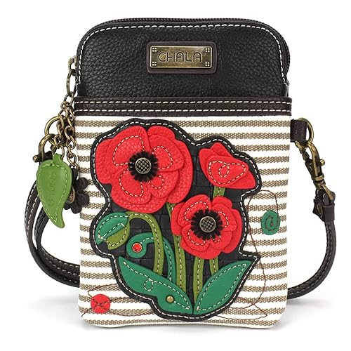 CHALA Plant Life Collection Cell Phone Crossbody Purse-Women PU Leather/Canvas Multicolor Handbag with Adjustable Strap - Red Poppy - gray stripe