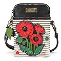 CHALA Plant Life Collection Cell Phone Crossbody Purse-Women PU Leather/Canvas Multicolor Handbag with Adjustable Strap - Red Poppy - gray stripe