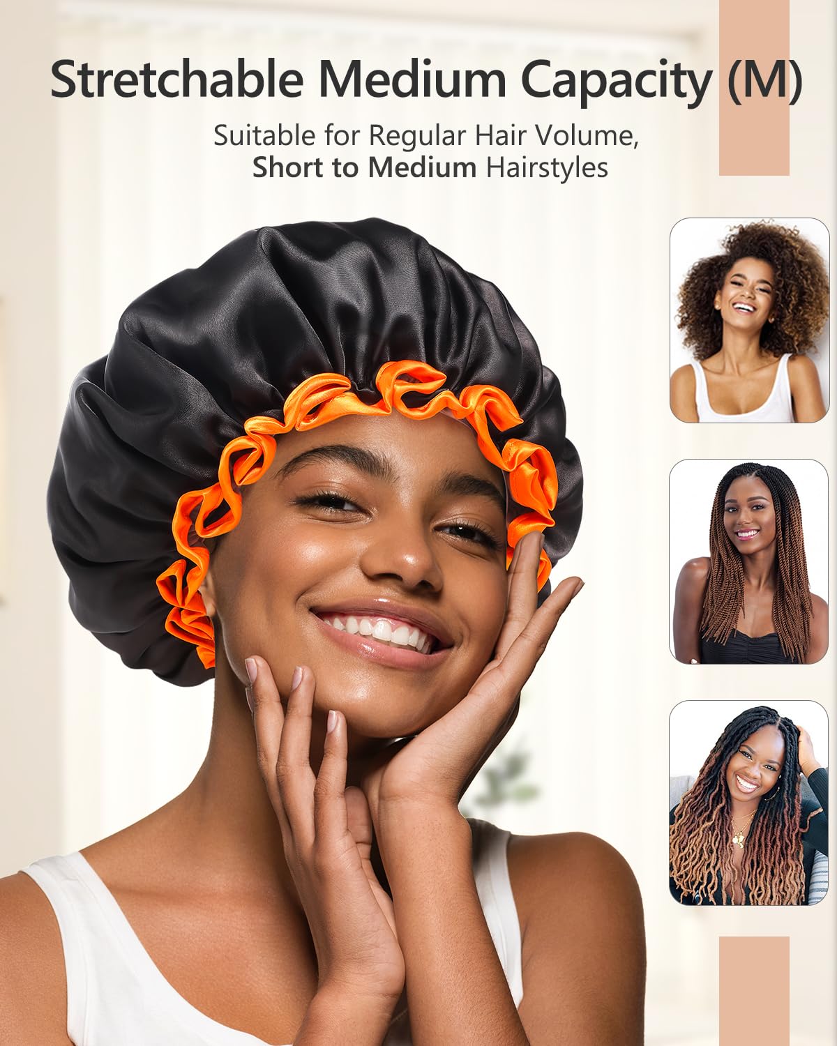 mikimini Black Shower Caps 2 Packs, Double Layers Waterproof Bathing Hair Cap with Reusable Soft Comfortable PEVA Lining, Cute, Non-fading & Stretchy