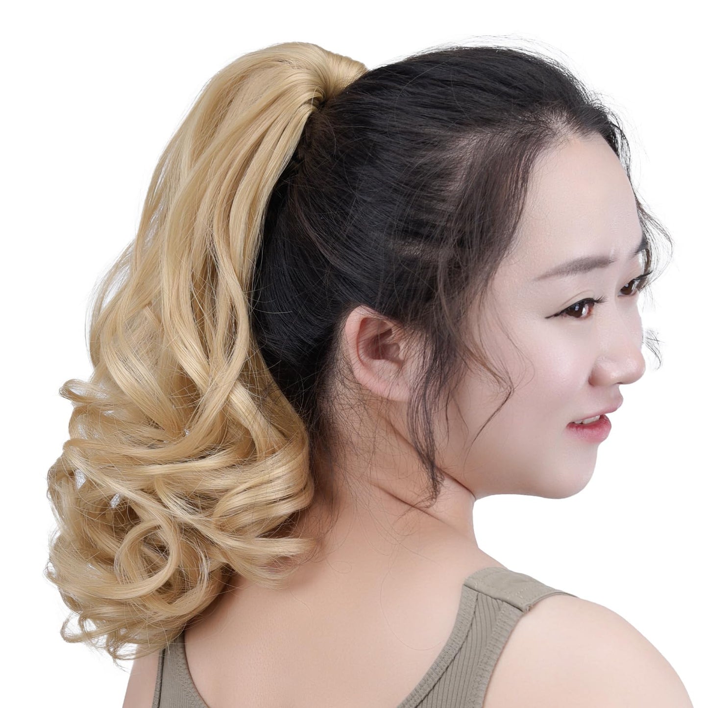 SYXLCYGG Blonde Clip Ponytail Extension – 14" Wavy Claw Clip, 4.3oz Synthetic Yaki, Realistic Fluffy Fake Hairpiece for Women