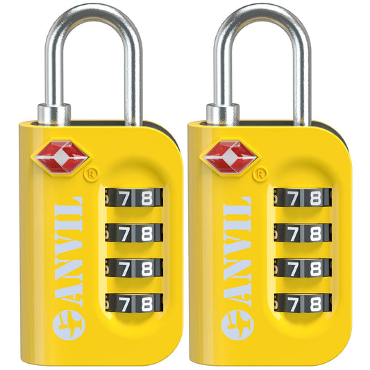 ANVIL TSA Approved Luggage Lock – 4-Digit Combo with Easy-Read Window, for Suitcases, Backpacks, Lockers – Yellow 2 Pack