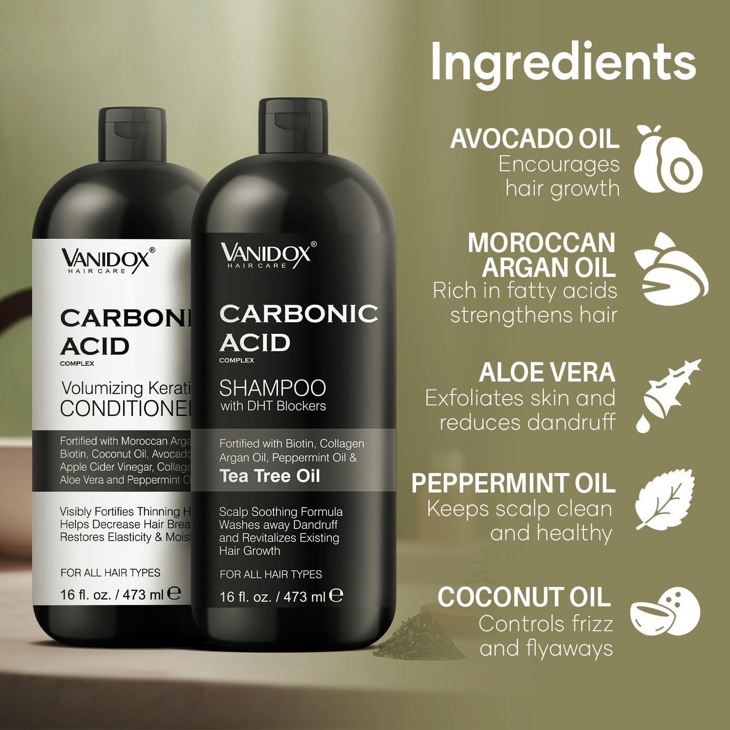 VANIDOX Carbonic Acid Shampoo and Conditioner for Men and Women, Deep Moisturizing Conditioner, Thickens, Softens, & Smooths Set for Hair Growth