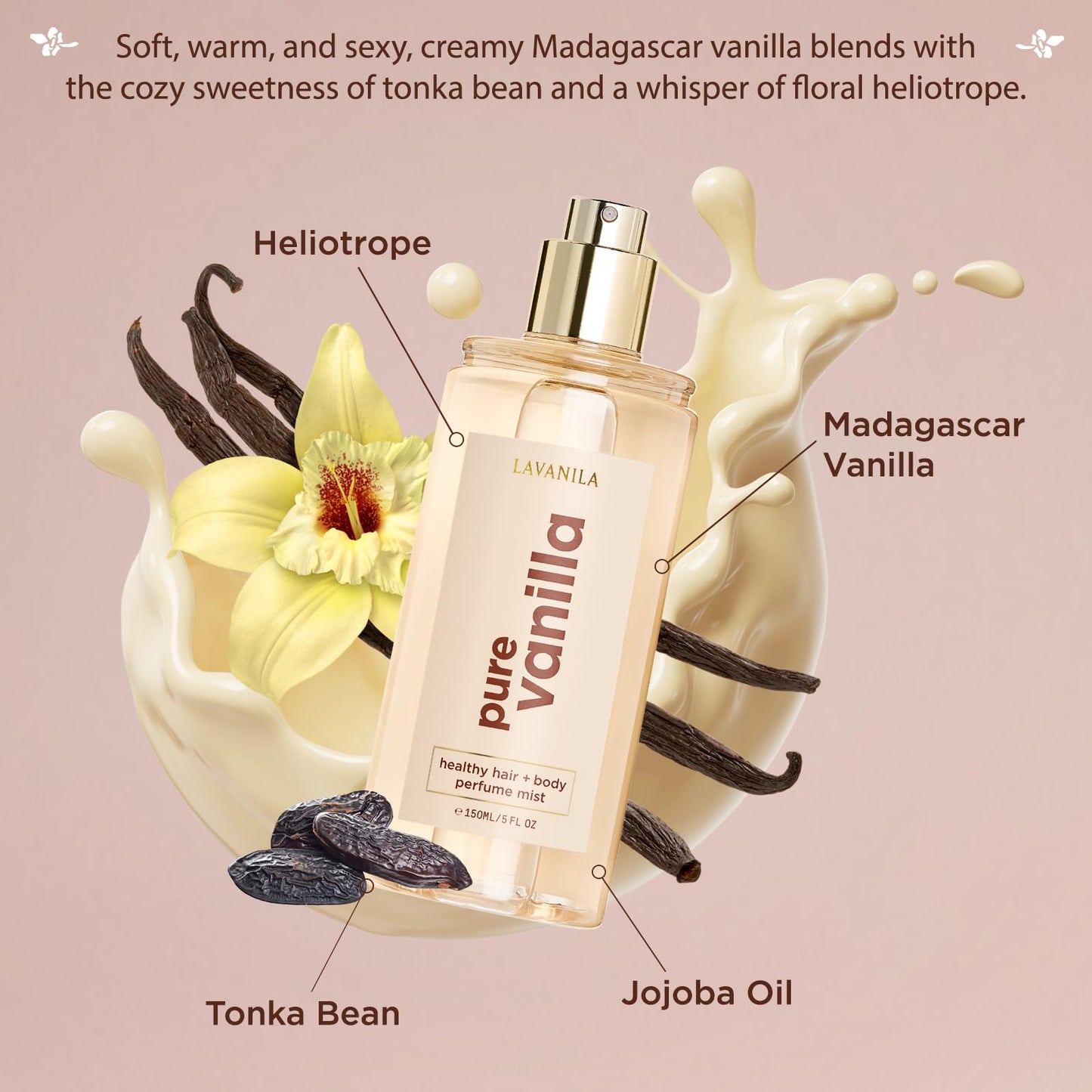 Lavanila Pure Vanilla Healthy Hair + Body Perfume Mist, 5 Fl Oz - Sweet & Warm Fragrance Spray Formulated with Jojoba Oil, Madagascar Vanilla, Tonka