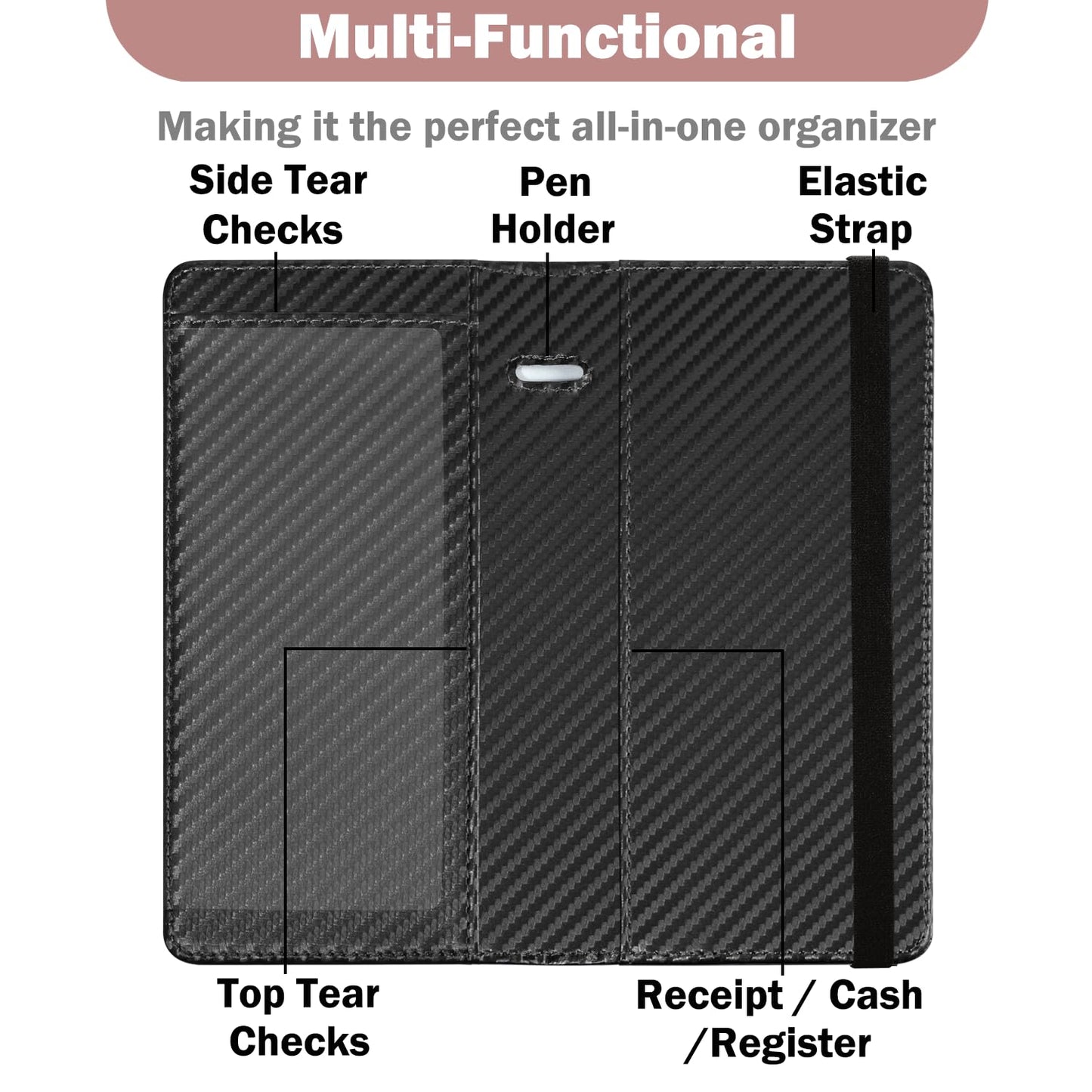 checkbook cover with elastic band - premium leather clear pvc divider durable, compact, and multi-functional holder wallet case for man woman, carbon…