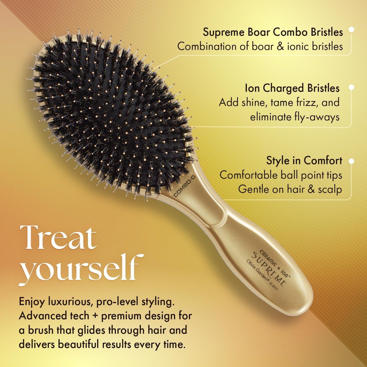 Olivia Garden Ceramic + Ion Supreme Styler Cushion Paddle Brush - Boar & Ionic for Shine, Frizz Control & Smoother Hair - Boar and Ionic Bristles