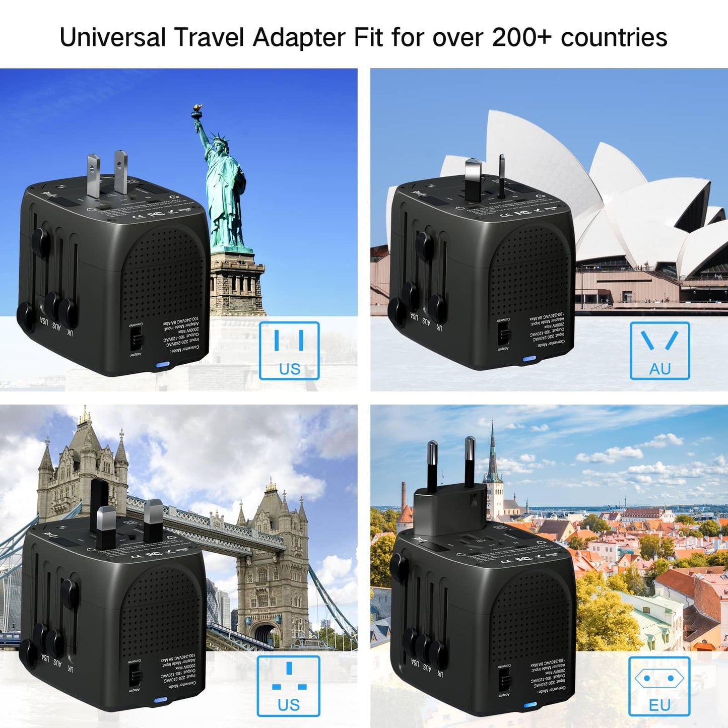 International Travel Adapter & Voltage Converter – Step Down 230V to 120V for Hair Straighteners, Laptops, Phones, US to UK/EU/AU & 200+ Countries