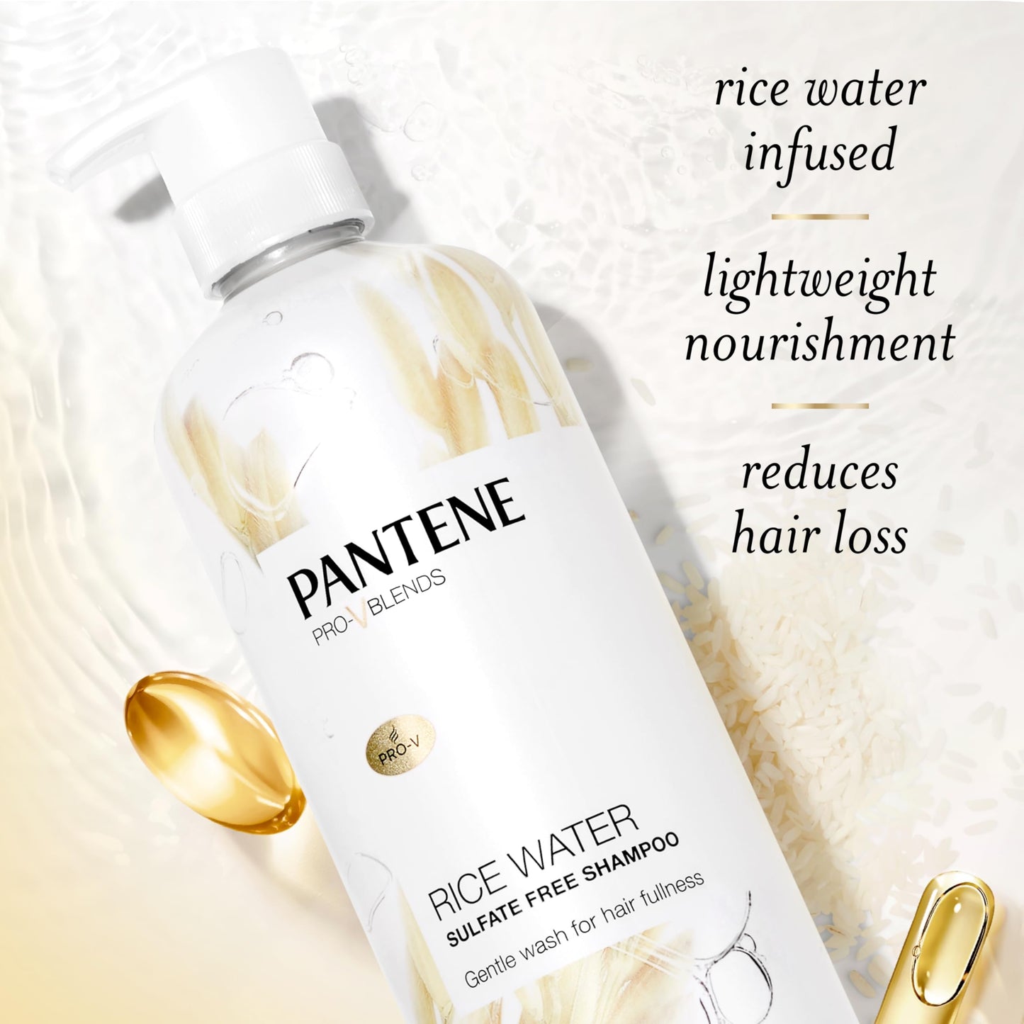 Pantene Sulfate Free Shampoo with Rice Water, Protects Natural Hair Growth, Volumizing, for Women, Nutrient Infused with Vitamin B5, Safe for Color