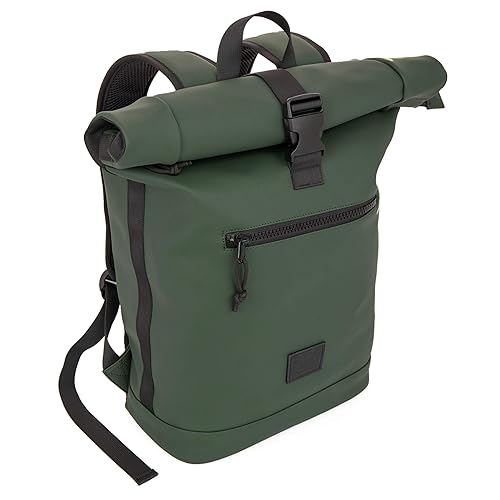 X RAY Roll Top Laptop Backpack for Men Women, PU Leather Expandable Roll Up Backpack Capacity Adjustable 22L & Fits 15.6" Laptop, Dark Olive