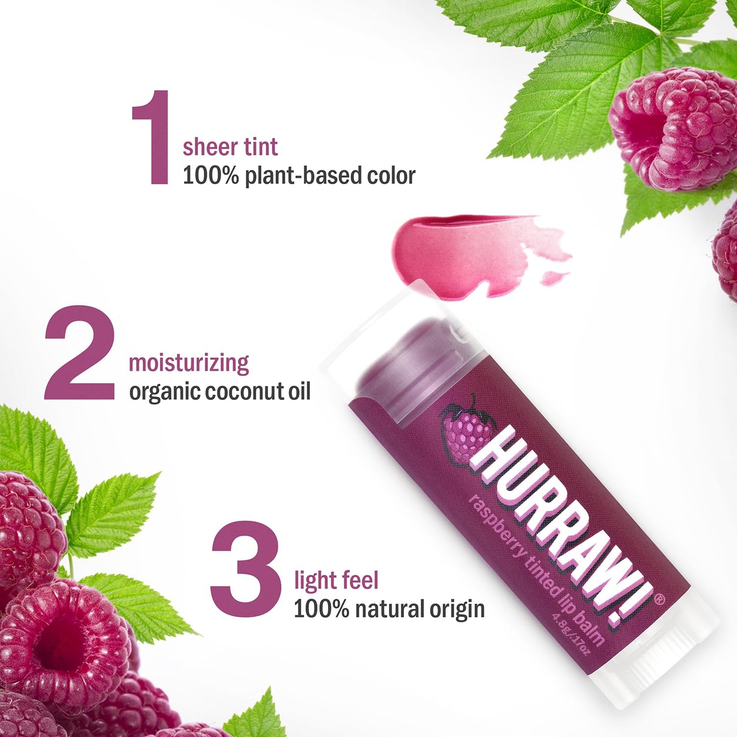 Hurraw! Raspberry Tinted Lip Balm, 3 Pack: (Sheer Berry Tint) Organic, Certified Vegan, Cruelty and Gluten Free. Non-GMO, 100% Natural Ingredients.