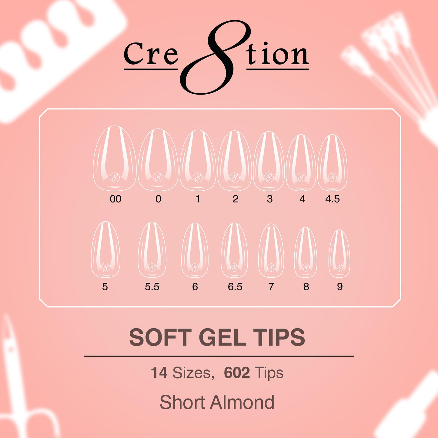 Cre8tion Soft Gel Nail Tips, Short Almond Shape, 602 Tips in 14 Sizes (00-9) for Professional Nail Extensions Beauty & Personal Care Cre8tion