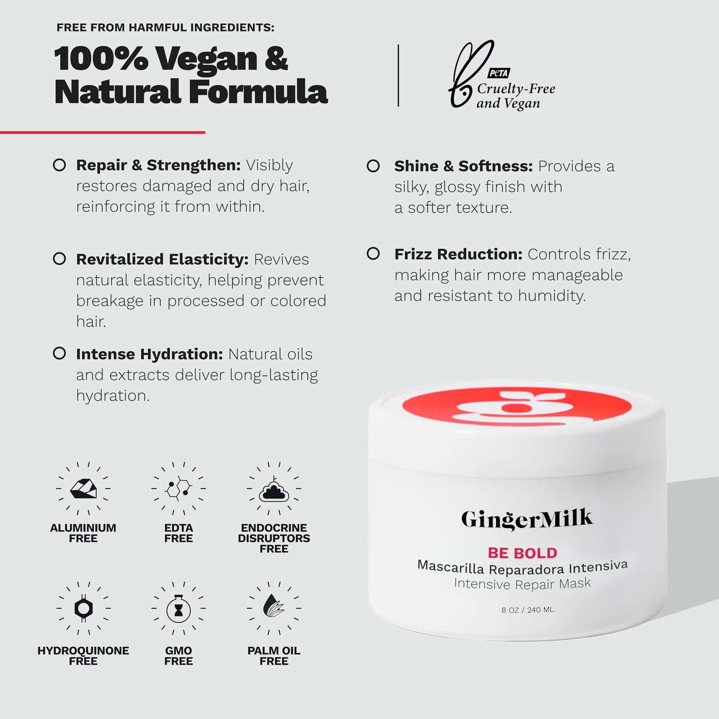 Ginger Milk Natural Care Intensive Repair Hair Mask for Dry/Damaged Hair due to Coloring, Chemical Processes, hot styling tools and dryers | BE BOLD