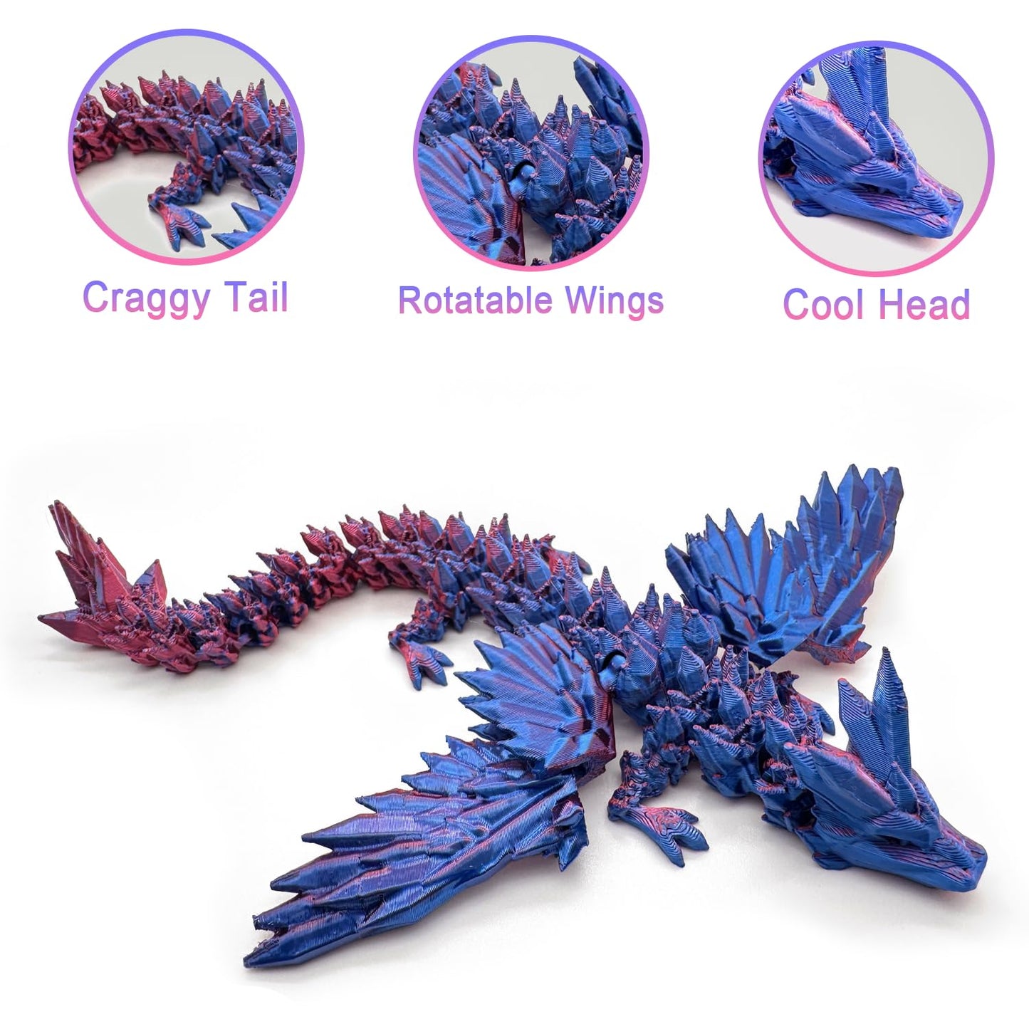 Hannahcos 3D Printed Dragon with Wings โ Articulated Purple Dragon Toy, Unique 3D Printed Animal Gift for Kids, Boys & Home or Office Desk Decor