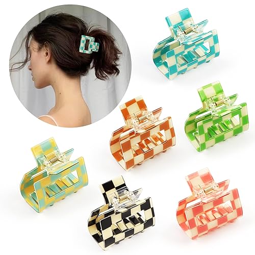 Airsky 6 Pack Checkered Hair Claw Clips, Square Medium Hair Clips, 2 x 2 x 1.1 in, One Size Fits All, Non-Slip Design for Women Girls Long Short Thin