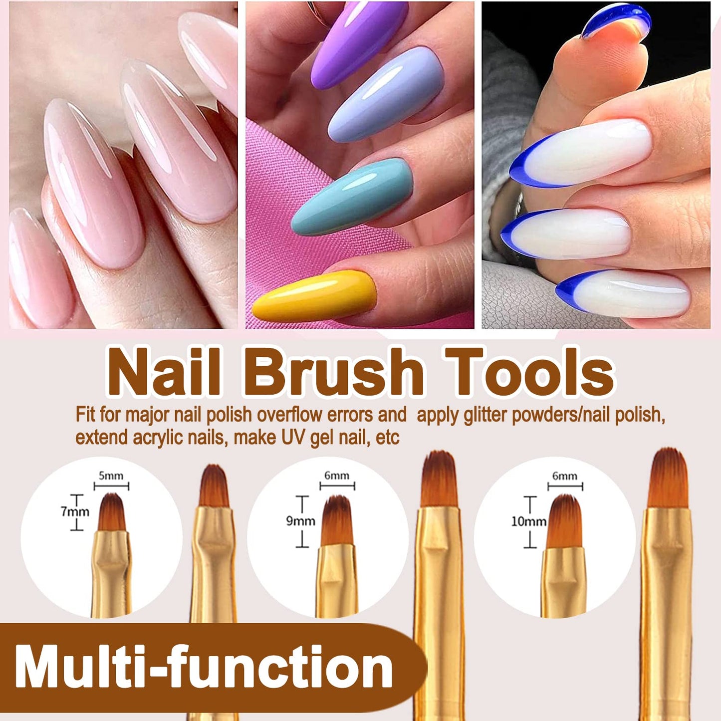 SILPECWEE 3 Pcs Oval Nail Brush Set - Rose Gold, Acrylic Nail Art Brushes Manicure Painting Pen Design Tool Professional Remover Polish Nail Clean Up