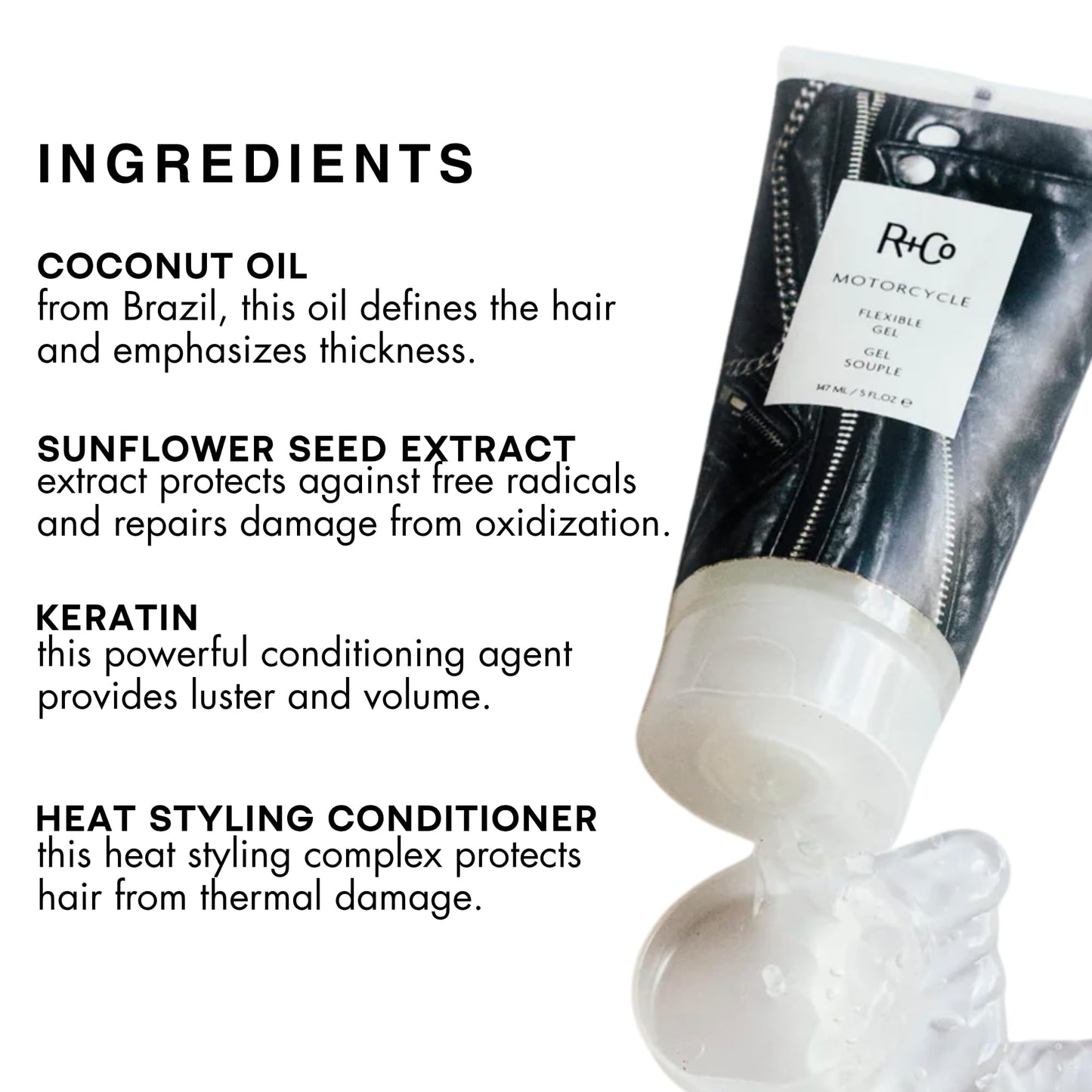 R+Co Motorcycle Flexible Gel - Hybrid Styling Gel with Flexible Hold & Wax-Like Shine - Heat Protectant, Volumizing Gel for Texture, Natural Finish