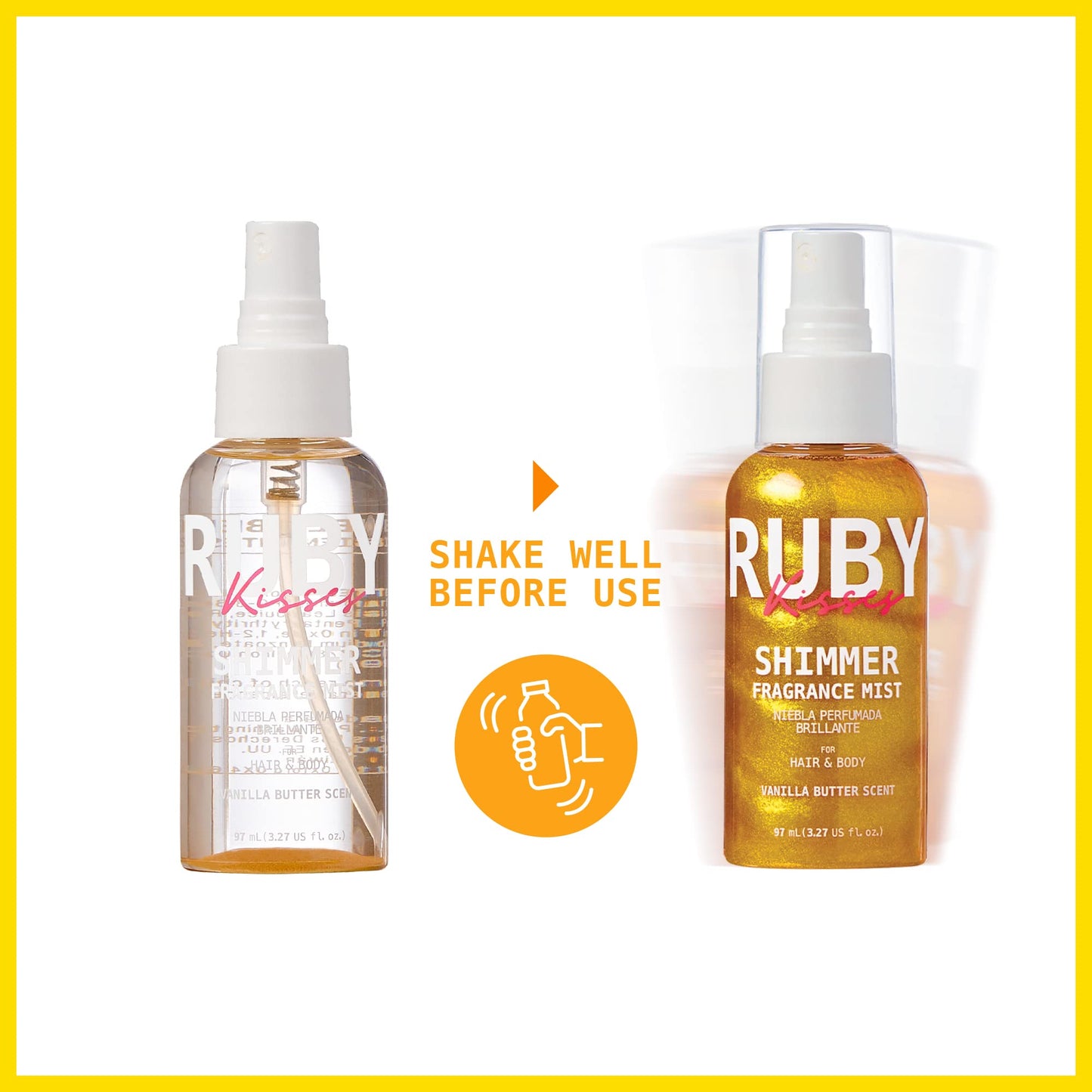 Ruby Kisses Shimmer Fragrance Body and Hair Mist Spray, Vanilla Glitter Body Perfume Spray, Skin Perfume, Liquid Illuminator Highlighter for Skin