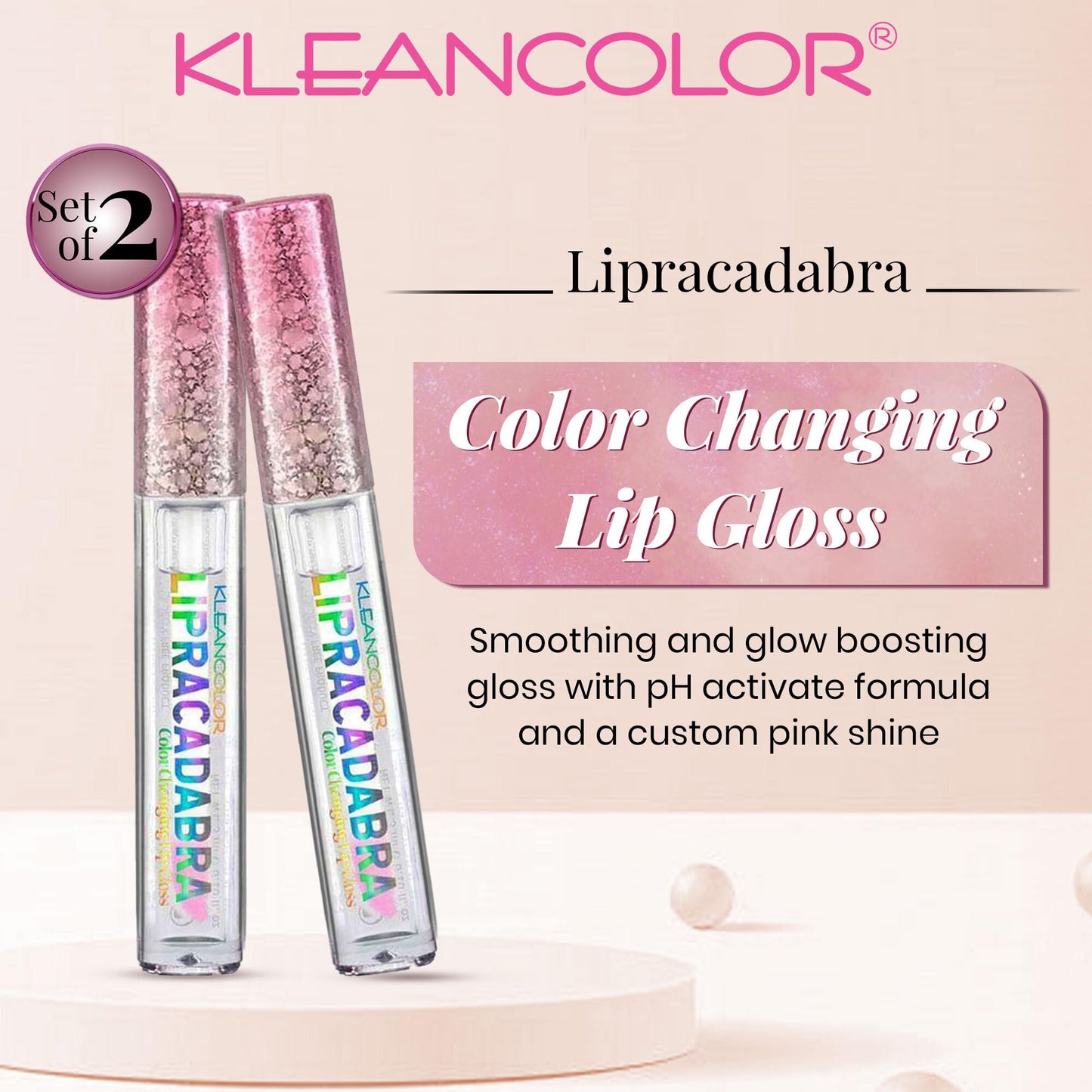Kleancolor Lipracadabra Color Changing Lip Gloss 2 Pack - pH Activated Clear Gloss Reveals a Custom Pink Tint - Lightweight, Non-Sticky Shine - Candy