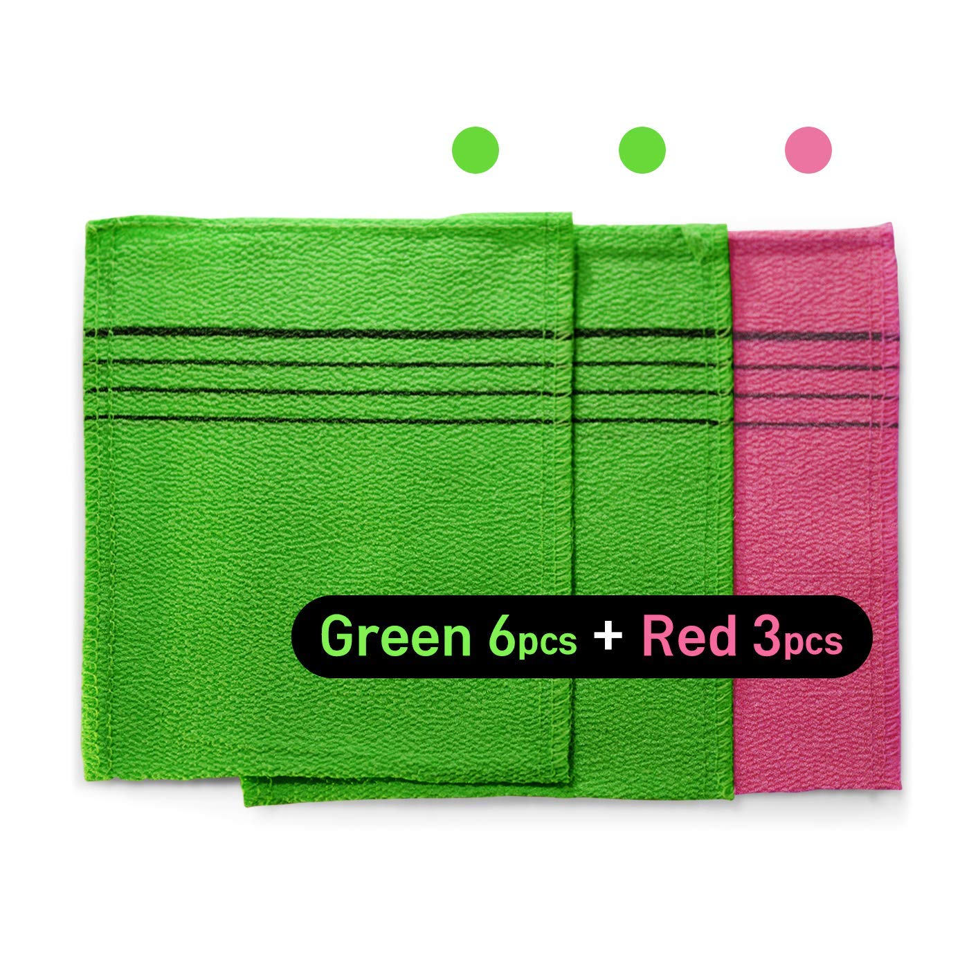 9pcs Genuine Korean/Asian Exfoliating Bath Washcloth, Skin Massage (Green 6pcs, Red 3pcs) Genuine Korean Italy Towel, Removing Dry, Dead Skin Cells