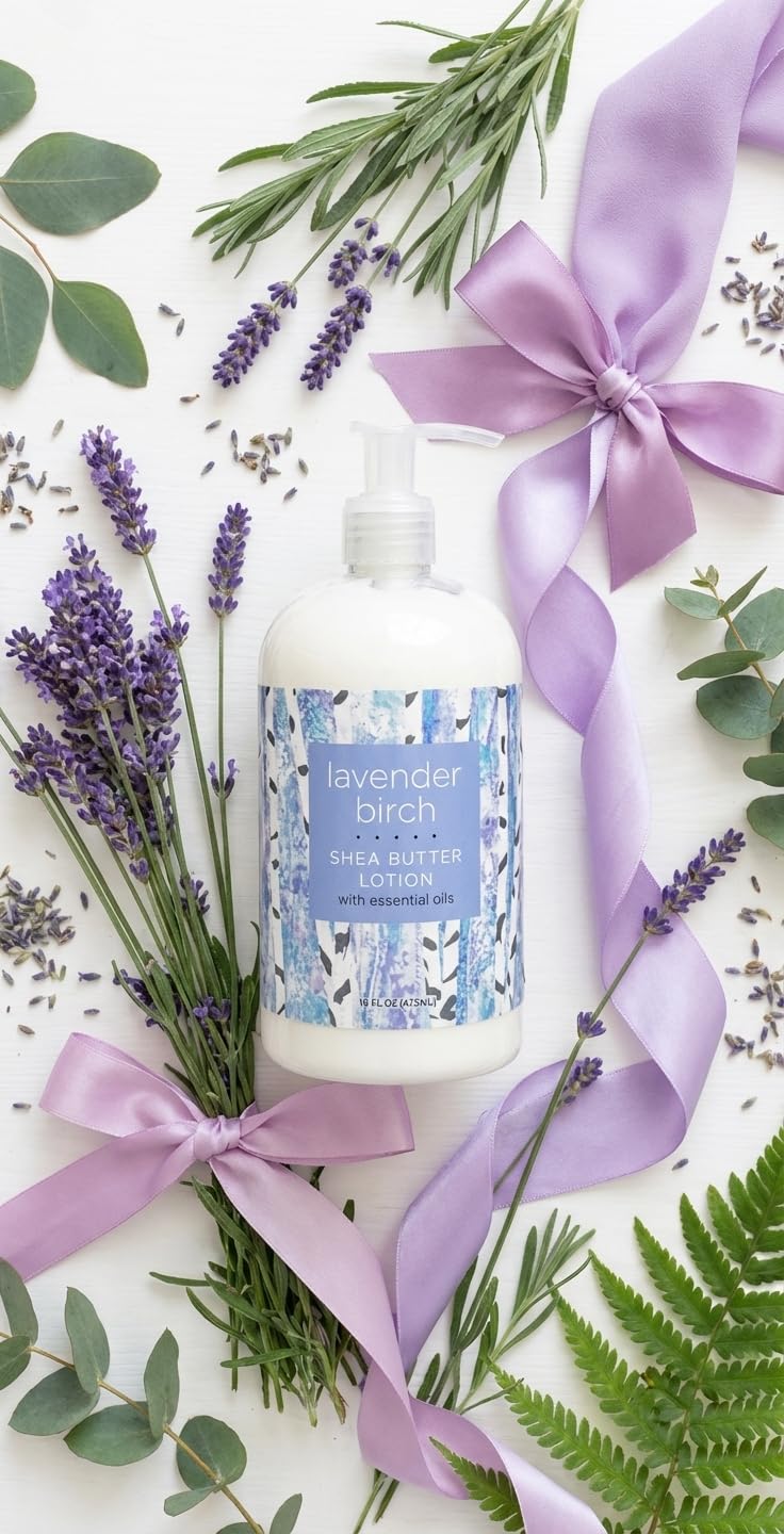 Greenwich Bay Trading Lavender Birch Lotion, 16 fl oz pump bottle. Hydrating body lotion with shea butter, cocoa butter & vitamin E. Soothing lavender