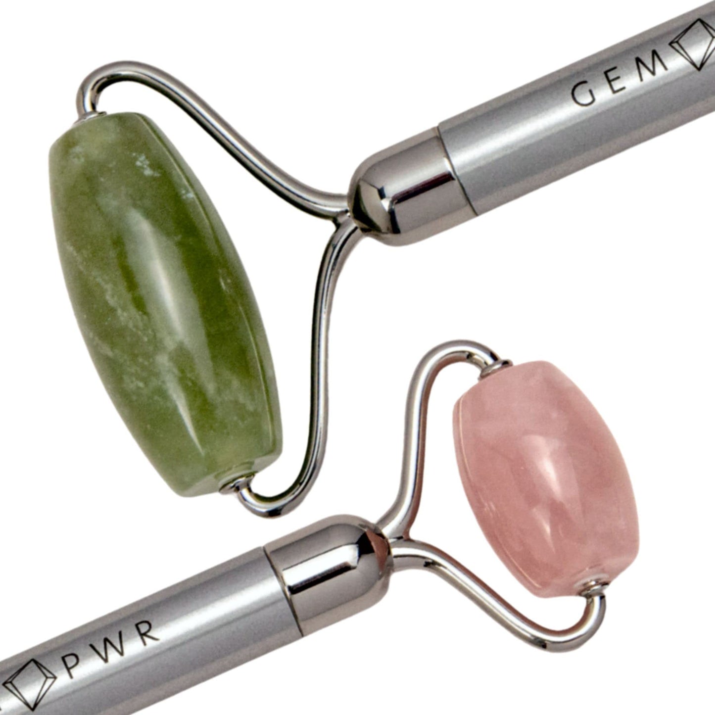 GEM PWR Rose Quartz + Jade Roller for Face and Neck Massage, Dual Gemstones with Durable Steel Handle and Travel Bag. Minimize Wrinkles, Reduce