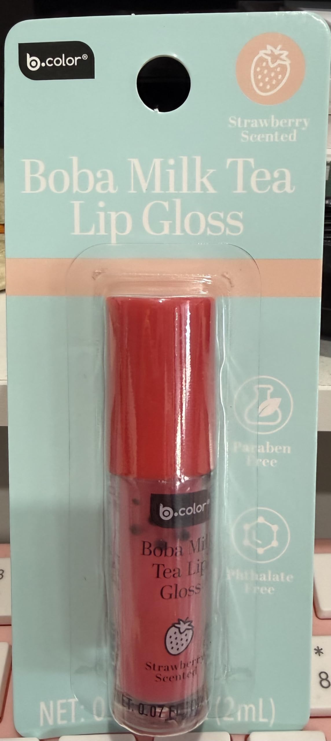 B.color Boba Milk Tea Lip Gloss, Strawberry Scented, Paraben Free, Phthalate Free, 0.07 FL OZ