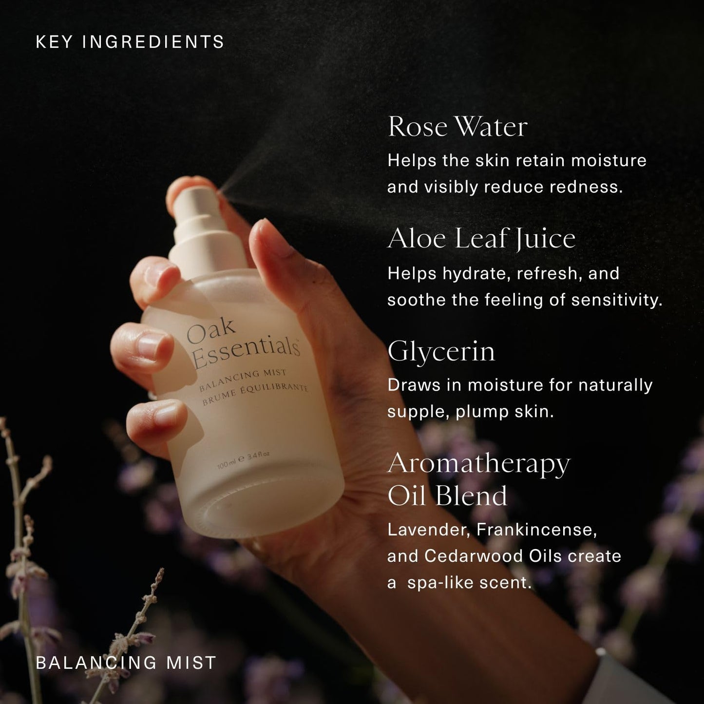 Oak Essentials Balancing Mist, Ultra-Fine Hydrating Toner Spray for Face and Body, Rose Water Face Mist with Aloe and Glycerin, 3.4 Fl Oz