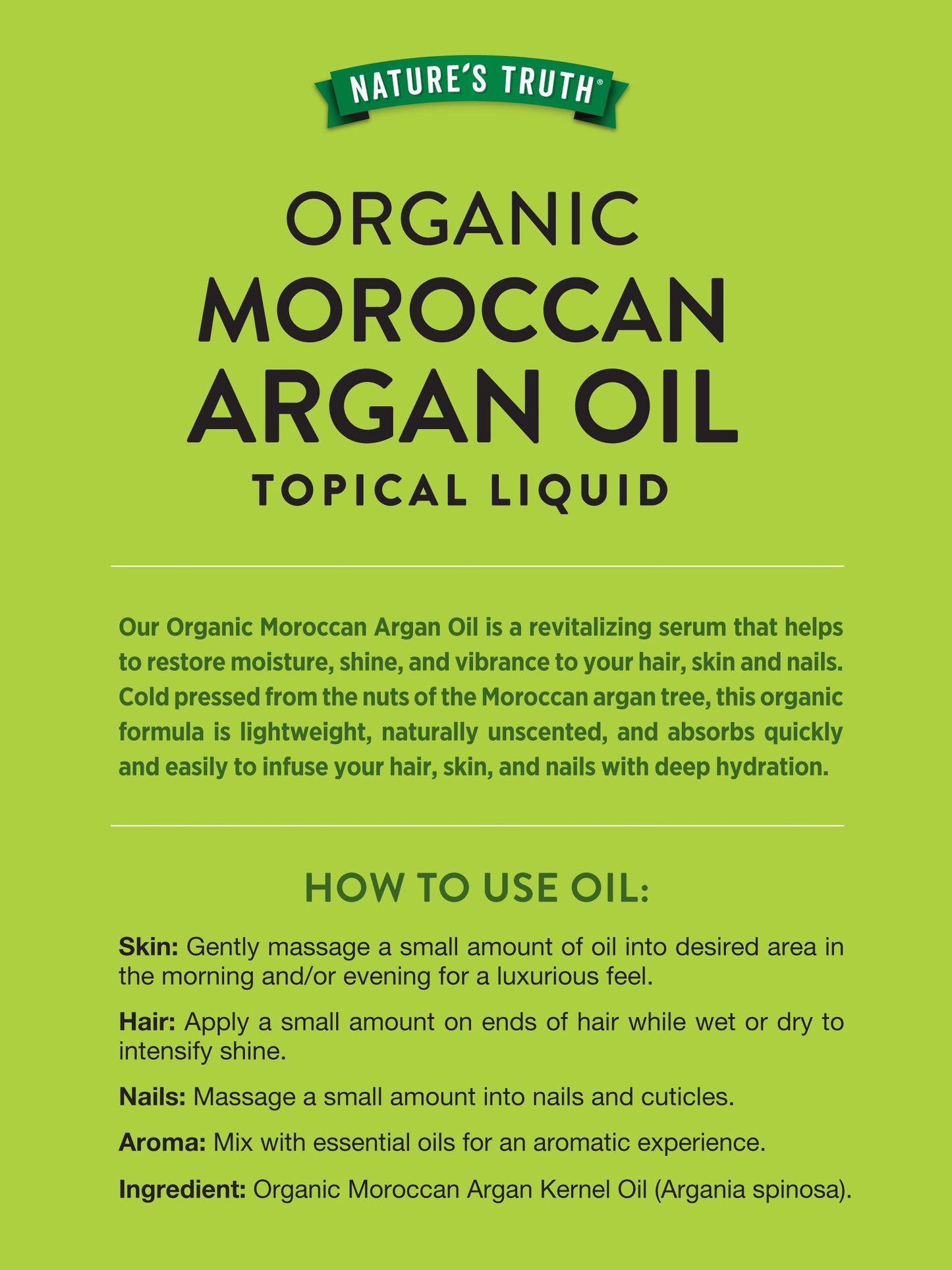 Nature's Truth Moroccan Argan Oil Hair, Skin and Nails Product Serum | 2 fl oz | USDA Organic | Paraben & Gluten Free