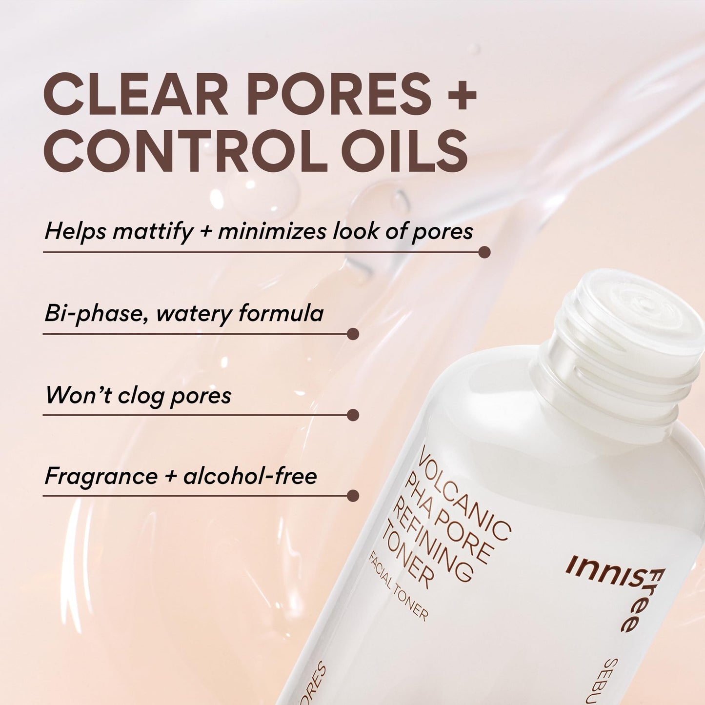 innisfree Volcanic PHA Toner, Korean Skincare with AHA & BHA, Refines Texture, Controls Oil, Exfoliating Face Treatment