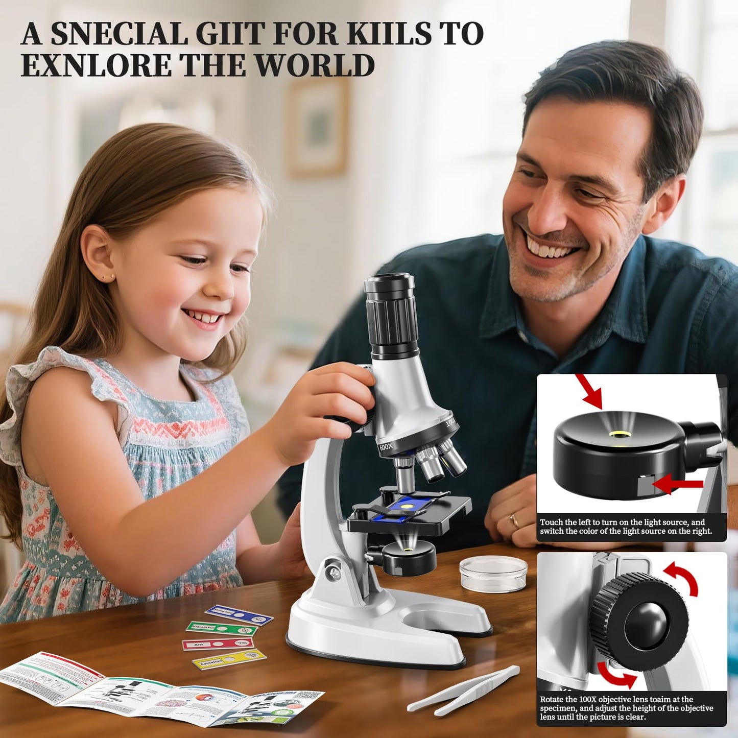 Novaluki 65PCS Kids Microscope Kit – 100x-1200x Magnification with 7 LED Colors & 12 Slides, STEM Science Set for Boys & Girls Ages 5–12