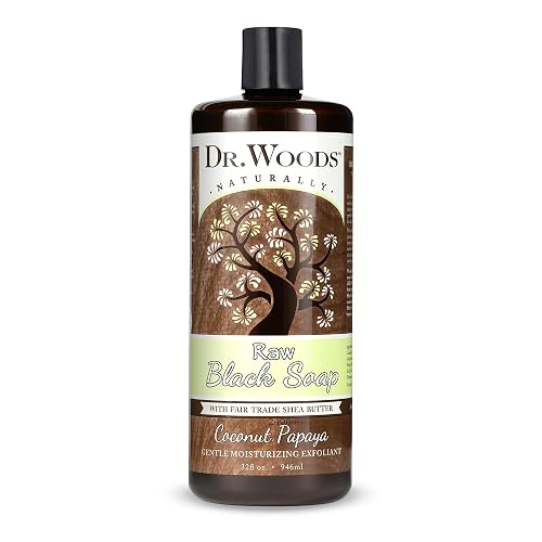 Dr. Woods Raw African Liquid Coconut Papaya Black Soap- Body Wash for Men & Women, Organic Shea Butter, Gentle Exfoliant, Coconut & Papaya Fragrance