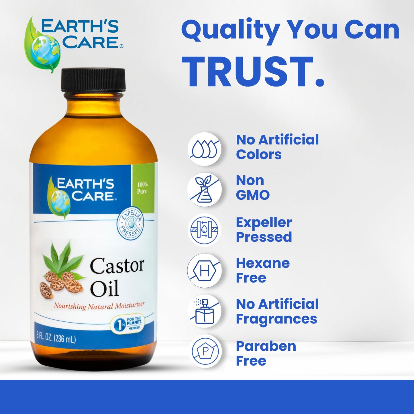 Earth’s Care Castor Oil - 100% Pure Castor Oil Expeller Pressed - All Natural Nourishing Moisturizer - 8 FL OZ