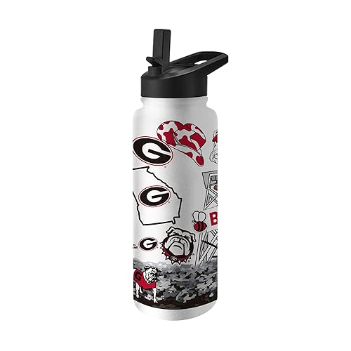 Logo Brands NCAA Georgia Bulldogs 34oz Native Quencher Bottle - Double-Wall Insulated, Stainless Steel, No-Spill Lid, Easy Carry Handle