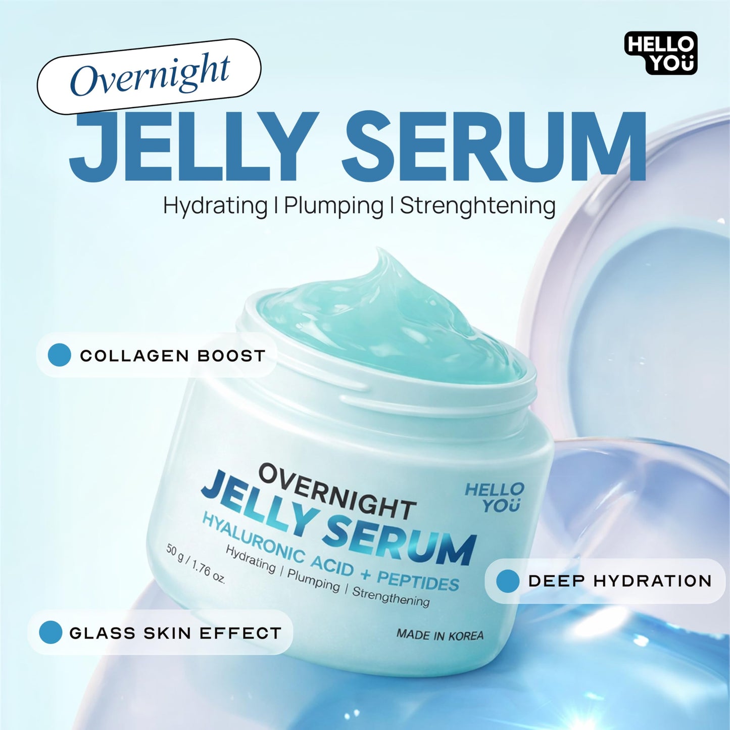 Hello You Hyaluronic Acid & Peptides Overnight Jelly Serum - Dermatologist Tested, Anti Aging, Korean Skin Care - Hydrating, Plumping Glow, 3-In-1