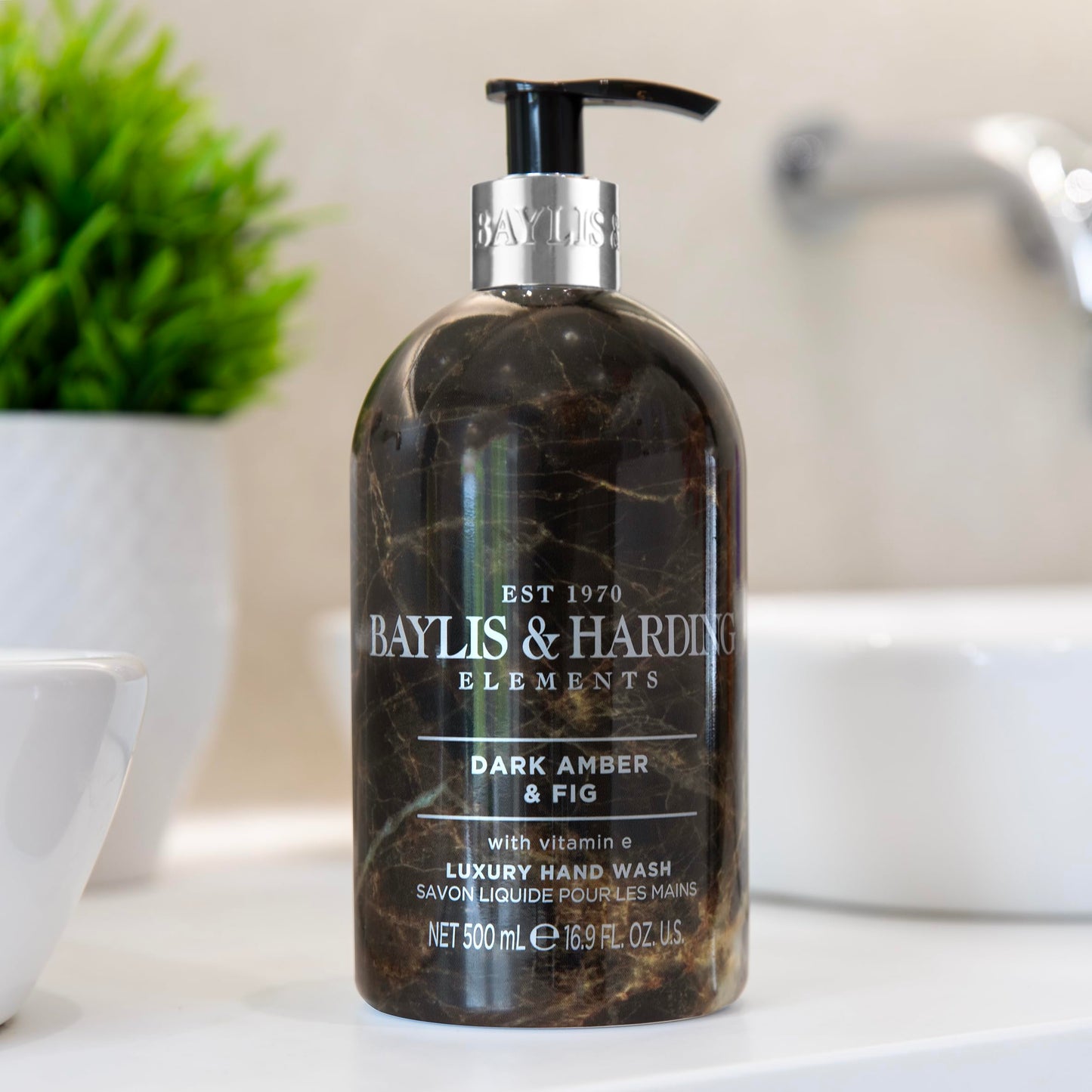 Baylis & Harding Liquid Hand Soap Wash with Dispenser, Elements, Dark Amber & Fig, 16.9oz/500ml