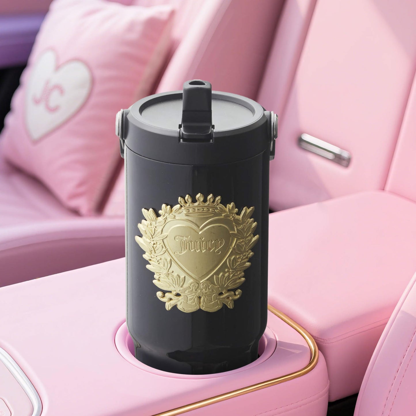 Juicy Couture 30oz Flip Flow Stainless Steel Tumbler With Flip Straw and Carry Handle, Black 3D Gold Logo
