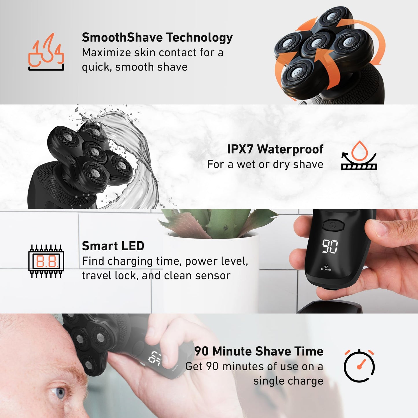 GROOMIE No Hair, Don't Care Bundle - 5D BaldiePro Electric Head Shavers for Bald Men, Natural Pre-Shave Oil to Promote Close Shave, & Natural Beauty and Personal Care Groomie