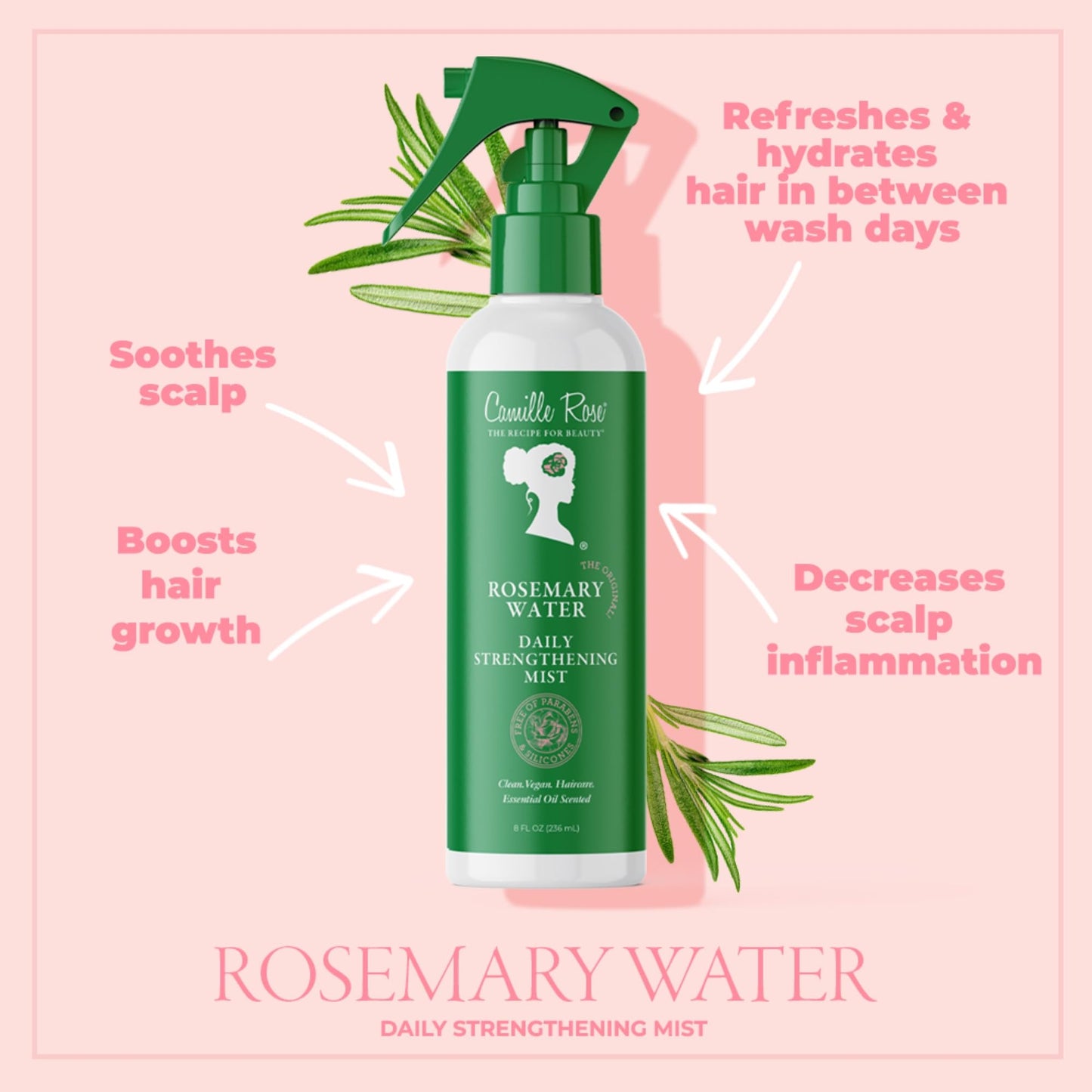 Camille Rose Rosemary Water Daily Strengthening Mist, with Peppermint and Rosemary Essential Oils to Strengthen Strands and Promote Hair Growth,