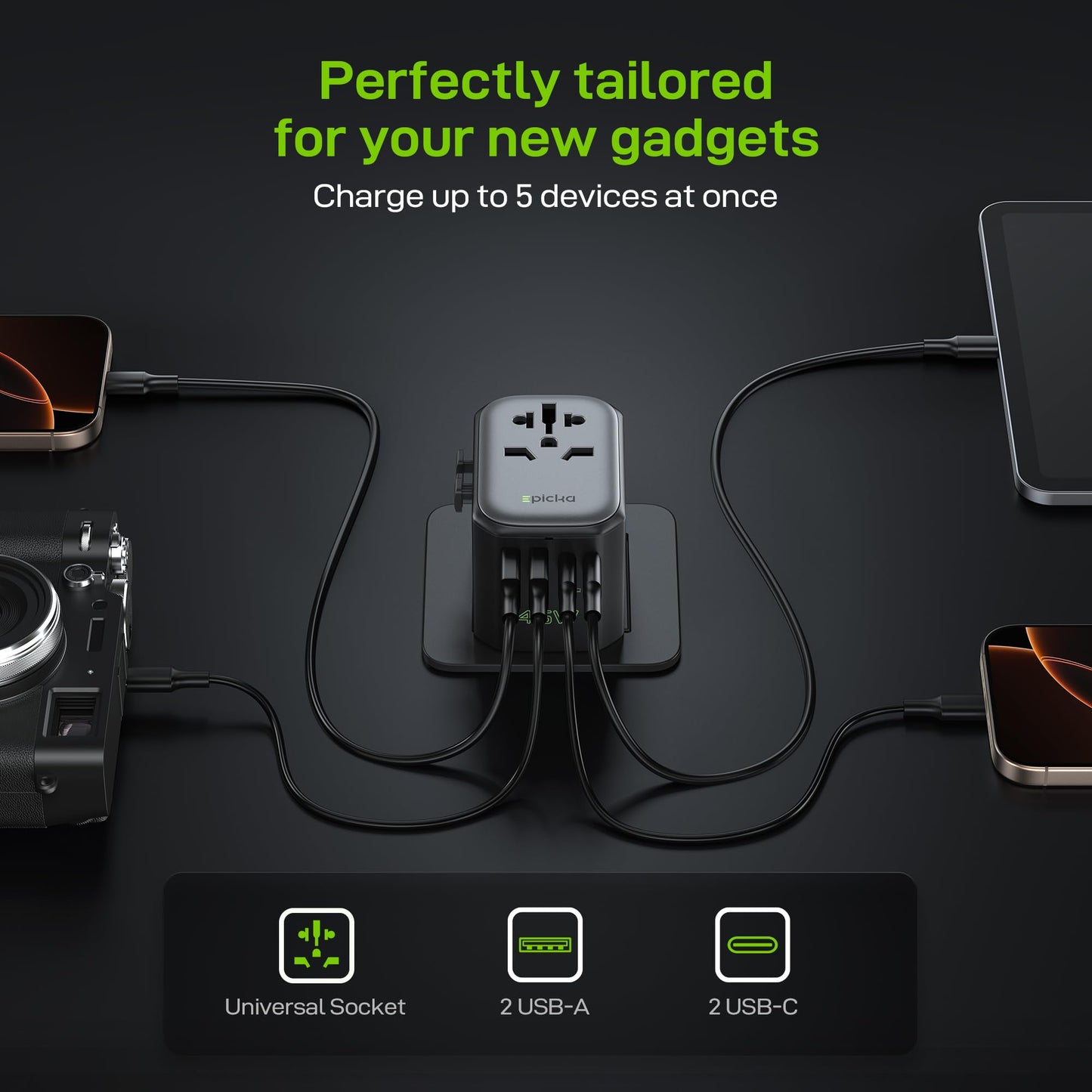 EPICKA Pulse 45W European Travel Adapter – Universal Power Adapter with 5 Ports (1 AC, 2 USB-A, 2 USB-C) PD Fast Charger for EU & Japan