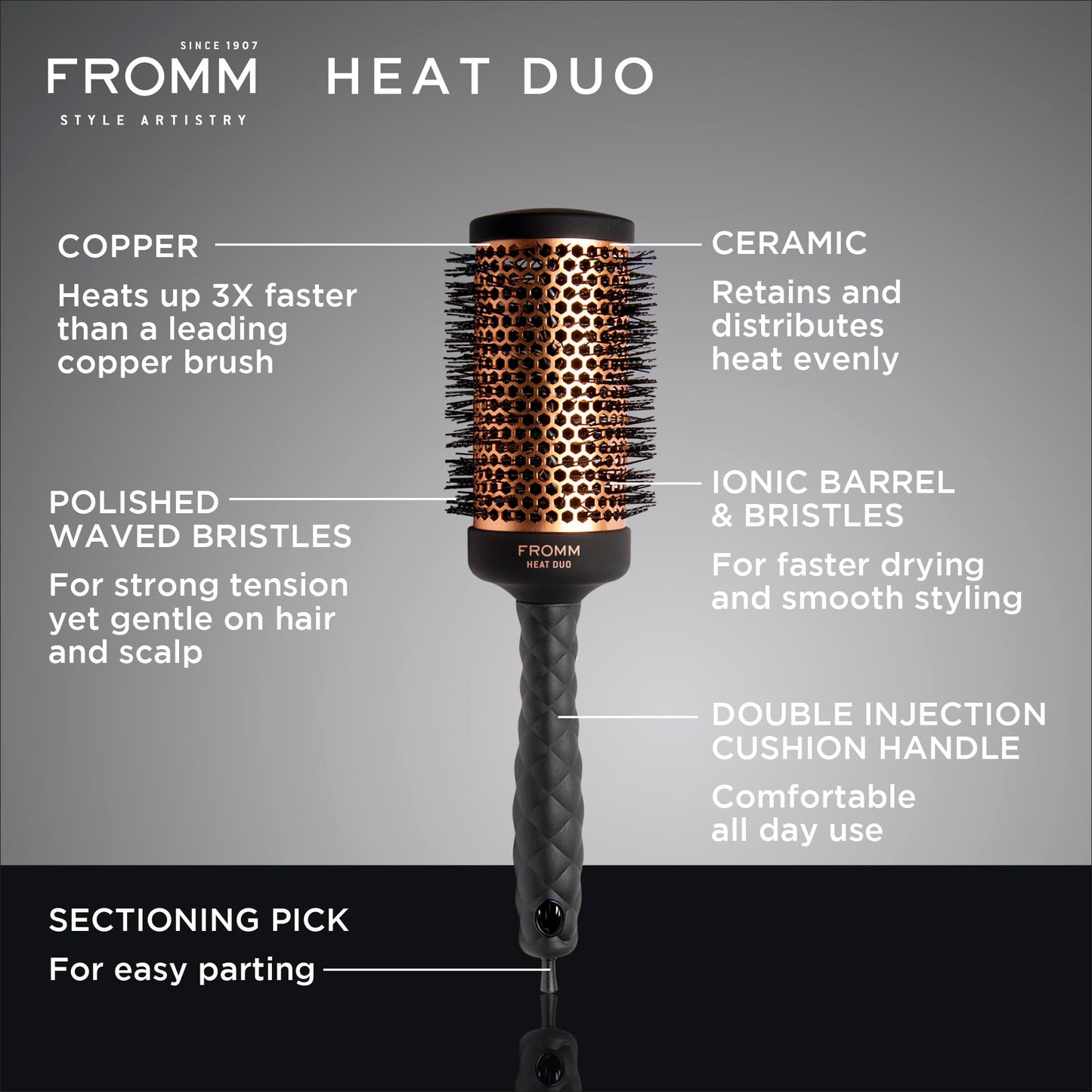 Fromm Heat Duo Copper x Ceramic 2" Round Brush for Expert Blowouts and Faster Hair Drying, Roller Hairbrush for Anti-static Styling, Smoothing
