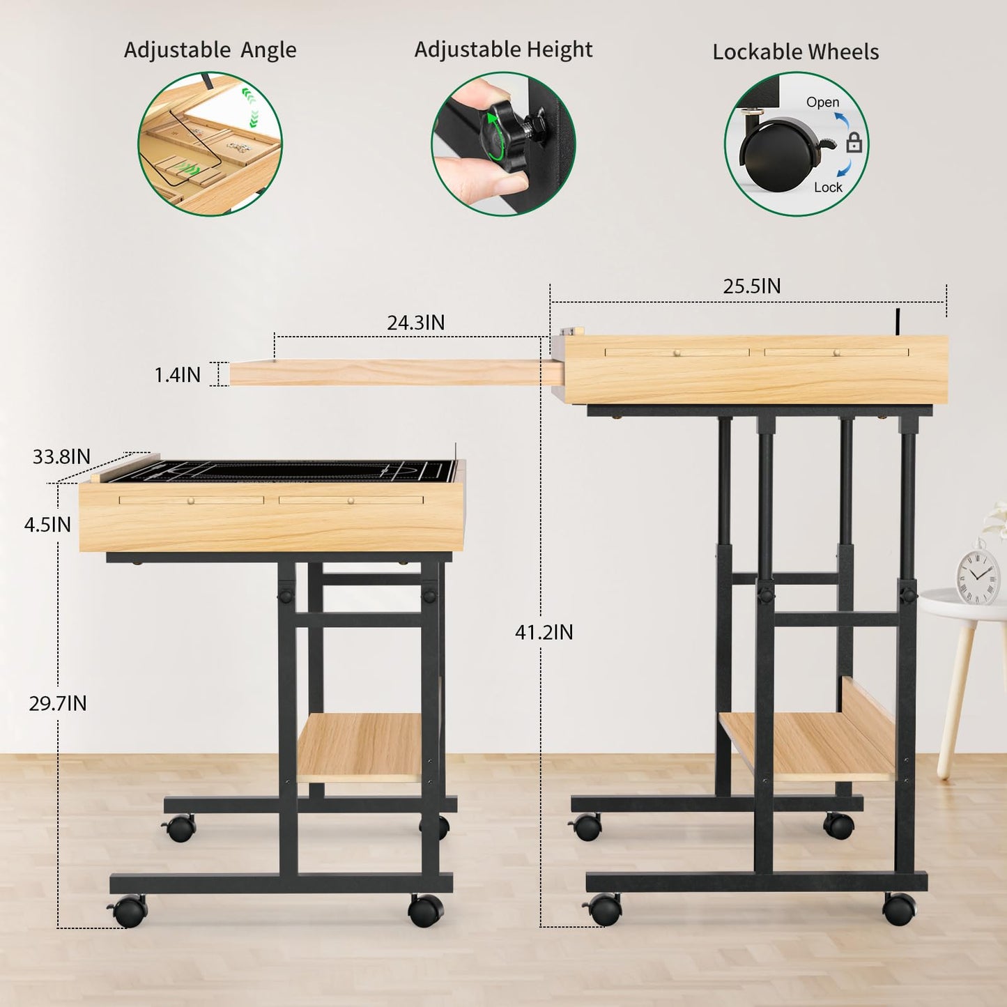 Large Puzzle Table with Drawer – Adjustable Height & Angle Wooden Board for 300-1500 Piece Jigsaws, Felt Cover, Shelf & Wheels