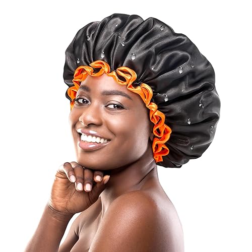 mikimini Large Shower Cap for Women Long Hair, Black, Reusable Waterproof Double Layers XL Washable Colorfast Odorless High-Quality Shower Cap for Men