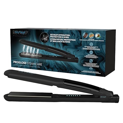 Revamp Progloss MoistureCare 1.25-Inch Flat Iron Hair Straightener - Steam Hair Straightener with Keratin, Argan & Coconut Oil Infused Ceramic & Ionic
