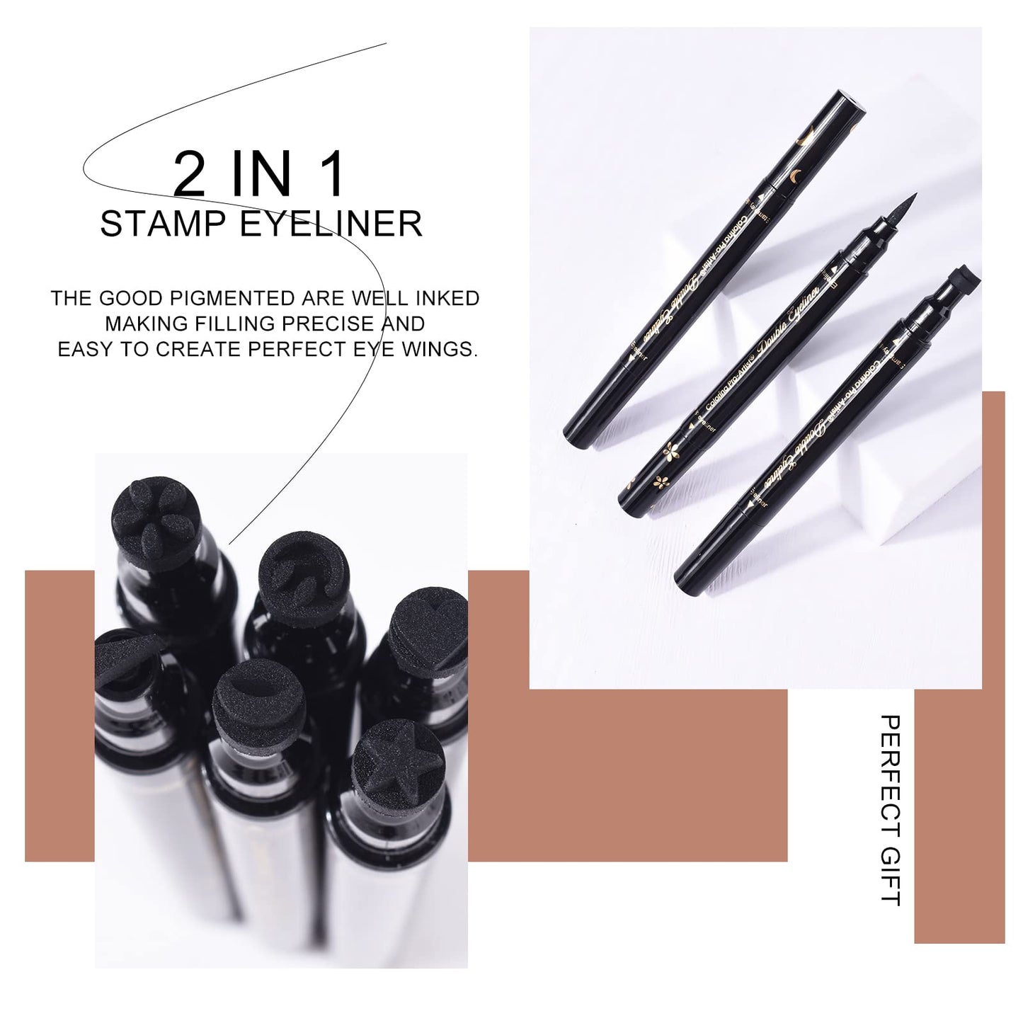 Ownest 6Pcs Eyeliner Stamp, Double-End Eyeliner Stamp Pen, Waterproof Eye Liner Tattoo Makeup-Smiley+Triangle+Heart+Star+Moon+Flower